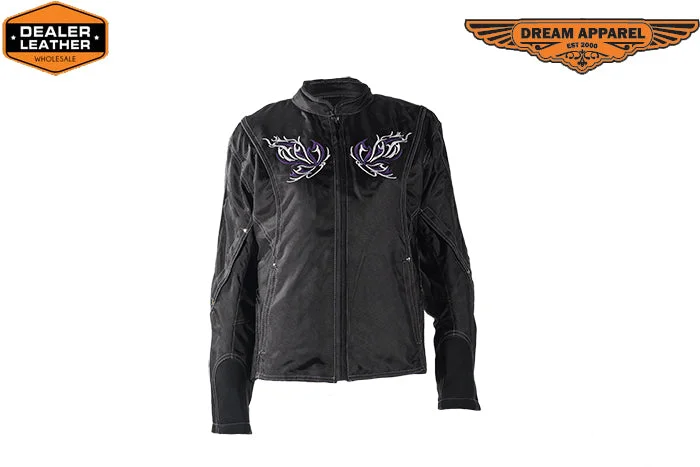Women's Textile Jacket With Purple Hoodie & Butterfly Snapped Jacket Toggled Jacket Drawstring Jacket