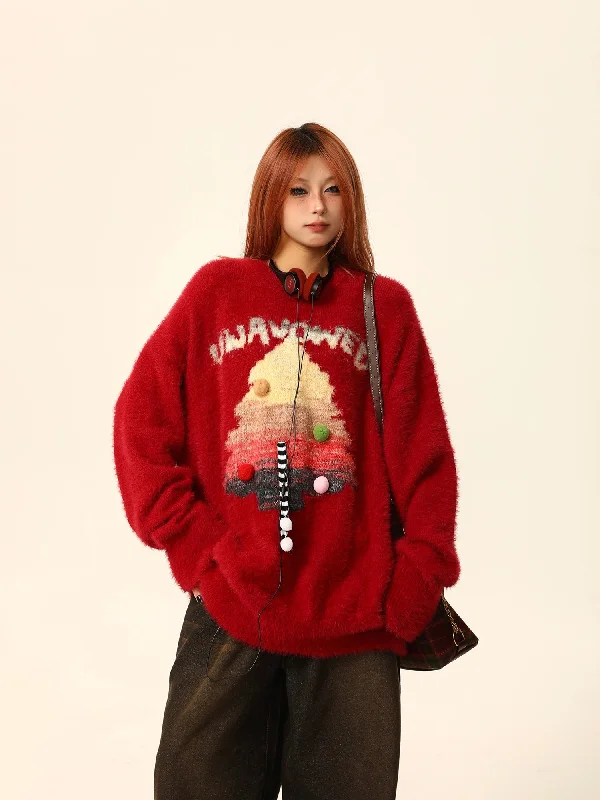Fuzzy Graphic Pom-Pom Sweater Oversized Loose Flowy