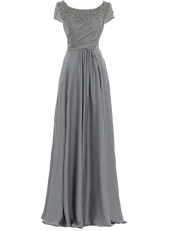 Sheath / Column Mother of the Bride Dress Elegant Jewel Neck Floor Length Chiffon Sleeveless with Pleats Beading Sheath / Column Mother of the Bride Dress Elegant Jewel Neck Floor Length Chiffon Sleeveless with Pleats Beading