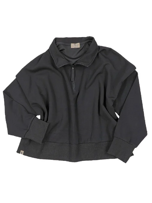 Cropped Quarter Zip Pullover in Black Batwing Sleeve Top