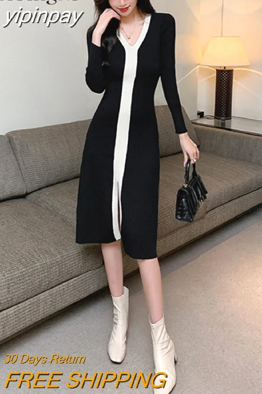 yipinpay Long Sweater Dress Women Spell Color Elegant Vintage Casual Slim V-neck Knitted Dresses Womans Black Chic Vestidos Velvet Chenille Corduroy
