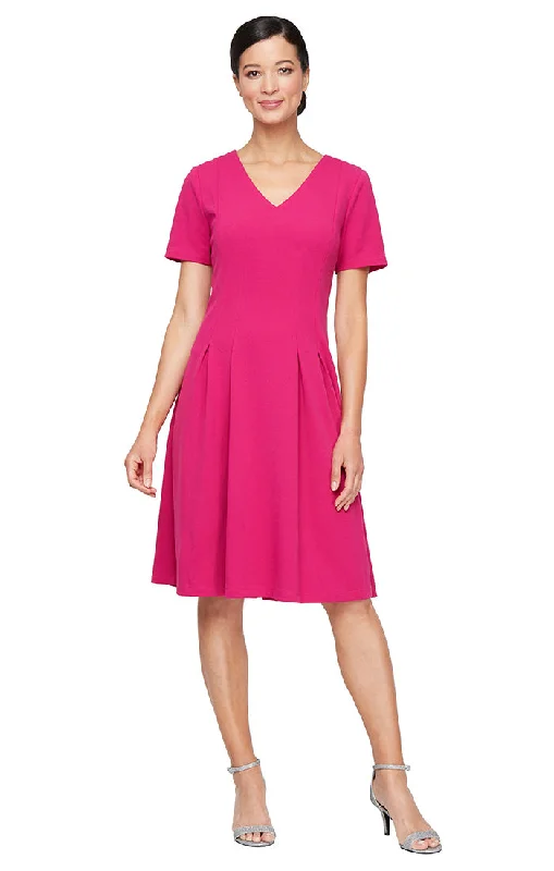 Short Stretch Crepe Fit and Flare Dress with V-Neckline and Cap Sleeves