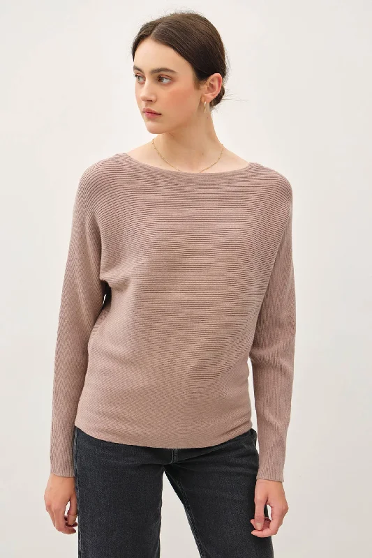 BOAT NECK DOLMAN SLEEVE PULLOVER KNIT TOP | Mocha Lantern Sleeve Elegant