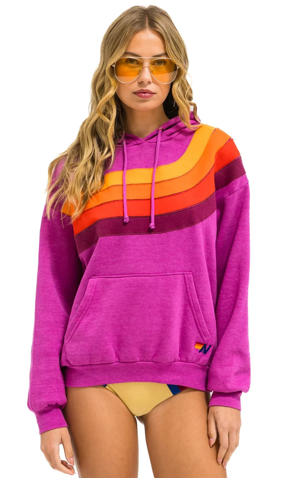 Wave Stripe 4 Pullover Hoodie Relaxed- Magenta Orange Short Sleeve Top