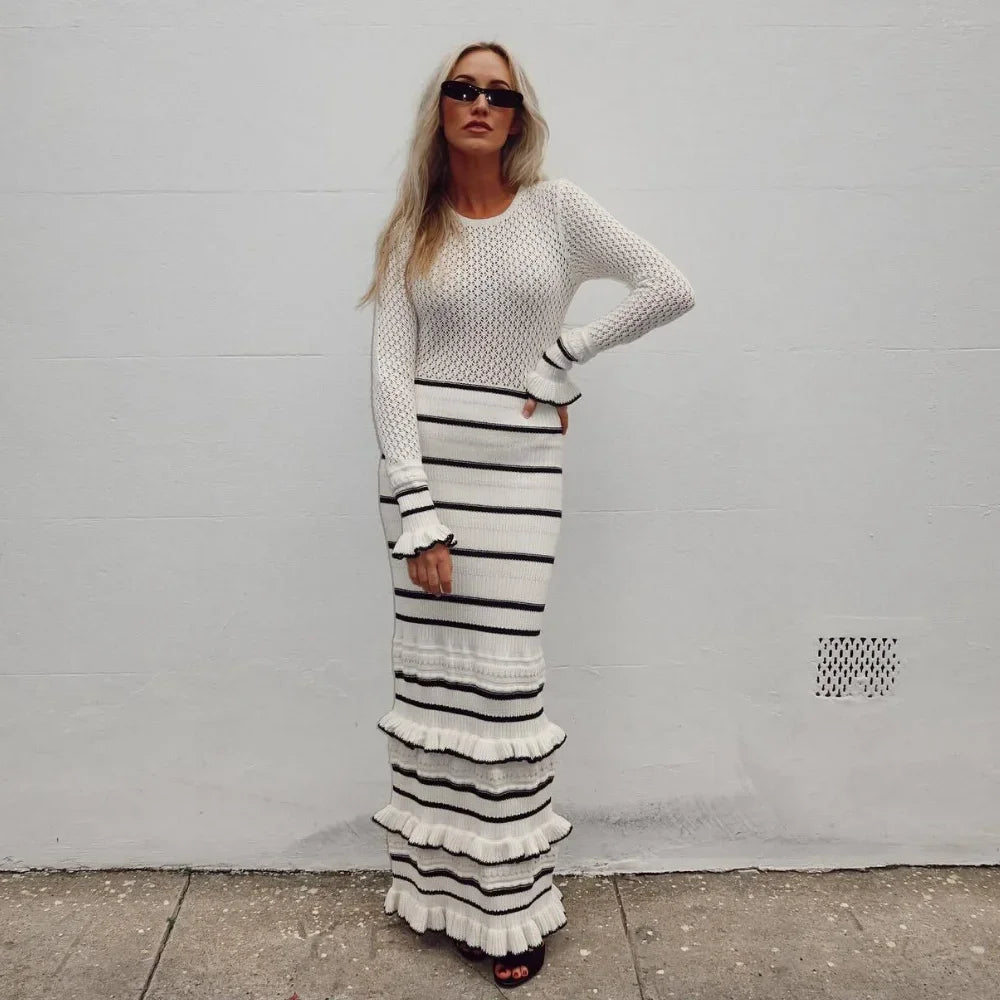 Bonnyshow White Ruffle Knitted Maxi Dress Women Sexy Hollow Out See Through Sweater Dresses Autumn Winter Elegant Long Sleeve Slim Dresses Terry Terry Cloth Terry Knit
