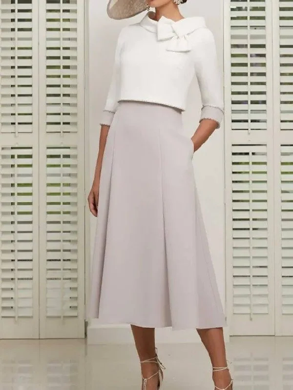 Two Piece Mother of the Bride Dress Elegant Jewel Neck Ankle Length Stretch Satin 3/4 Length Sleeve