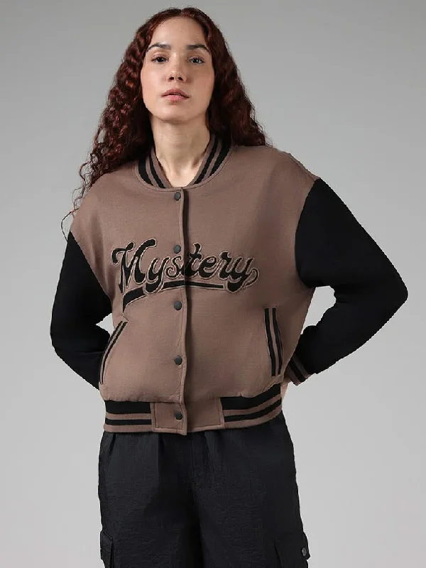 Studiofit Dark Brown Typographic Printed Cotton Crop Jacket Notch Collar Jacket Peter Pan Collar Jacket Cowl Neck Jacket