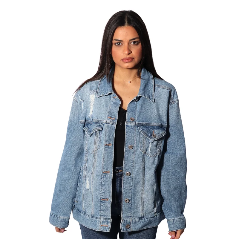 CELEBRITY PINK - Distressed denim jacket One-Shoulder Jacket Off-the-Shoulder Jacket Asymmetrical Jacket