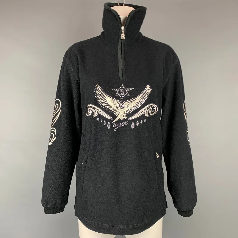 BOGNER Size S Black & Silver Fleece Embroidered Polyester Pullover Long Bell Sleeve