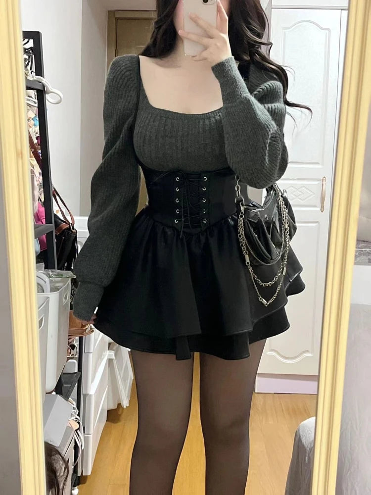 Yipinpay Winter High Waist Leather Black Mini Dress + Casual Knitted Sweater Elegant Clohting Woman Korean Fashion Suit Design Chic Graphic Sweater Embroidered Appliqued