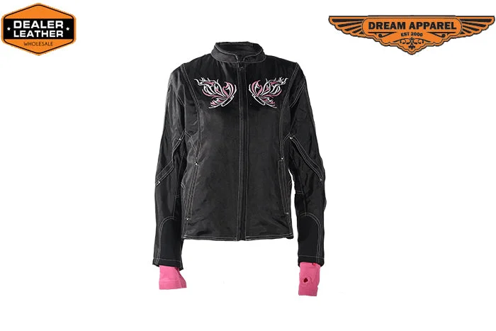 Women's Textile Jacket With Pink Removable Hoodie & Butterfly Embroidery Design Belted Jacket Elasticated Jacket Padded Jacket