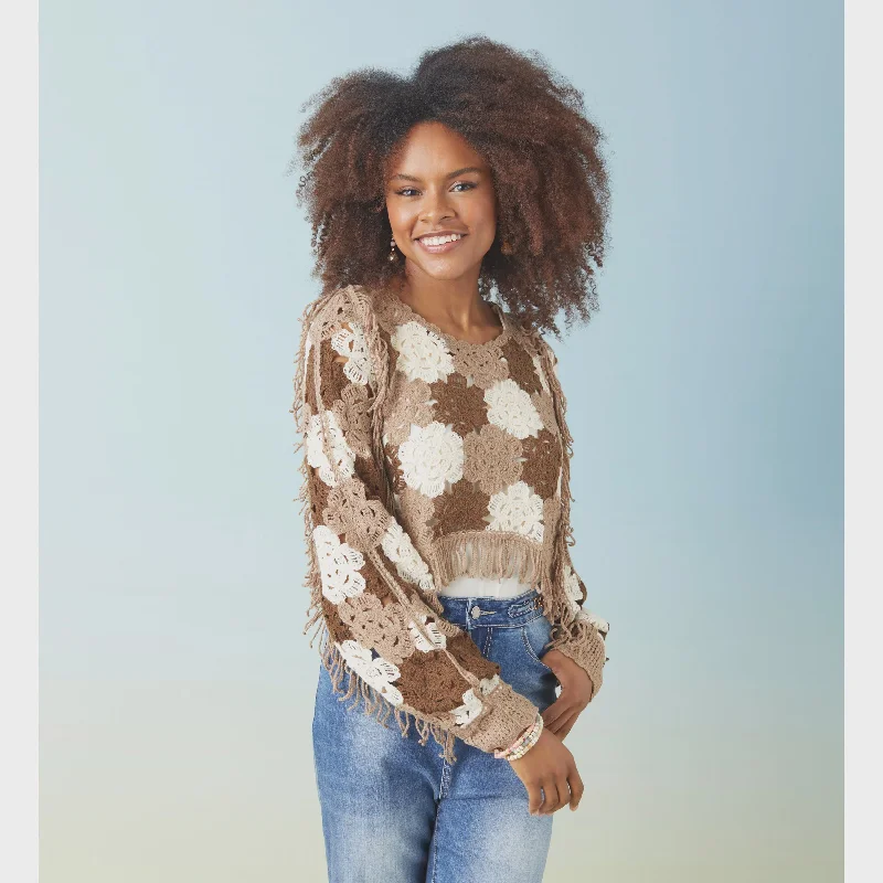 Nyla Floral Crochet Pullover Top Shirred Sleeve Feminine