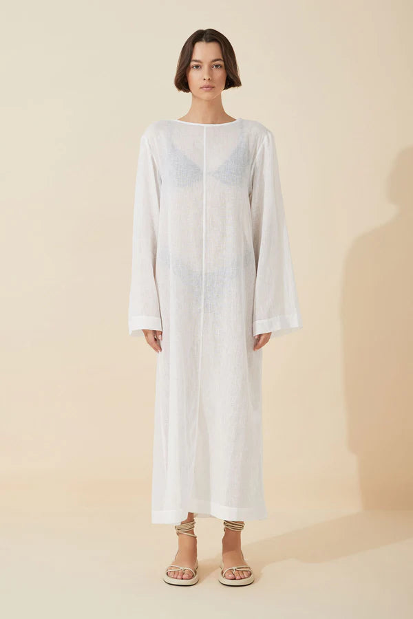 White Linen Blend Pullover Dress Elbow Length Sleeve