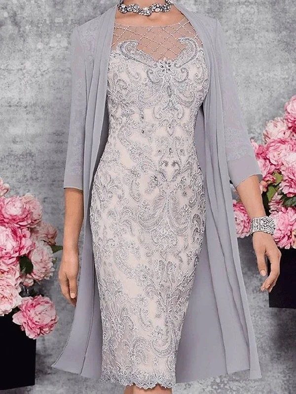 Mother of the Bride Dress Elegant Illusion Neck Knee Length Lace 3/4 Length Sleeve with Embroidery