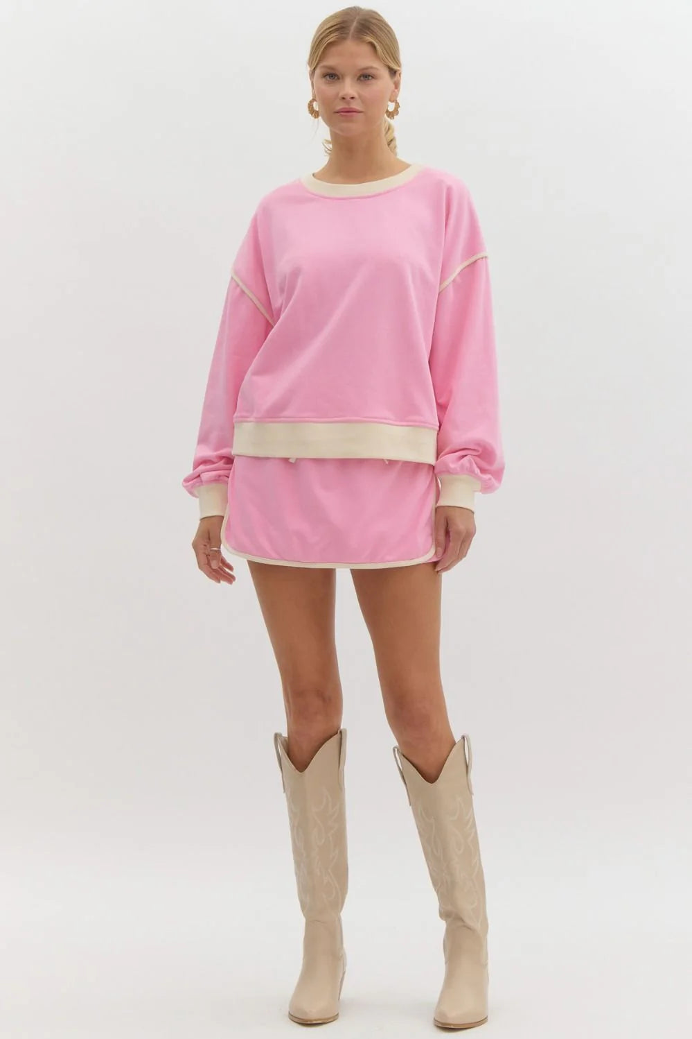 Solid Round Neck Long Sleeve Sweater Top Silk Blend Satin Velvet