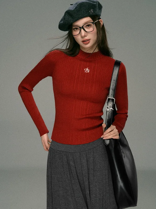 Ribbed Mock Neck Sweater - Fitted Long Sleeve Crop Top Jersey Fabric Tulle Fabric Batik Fabric