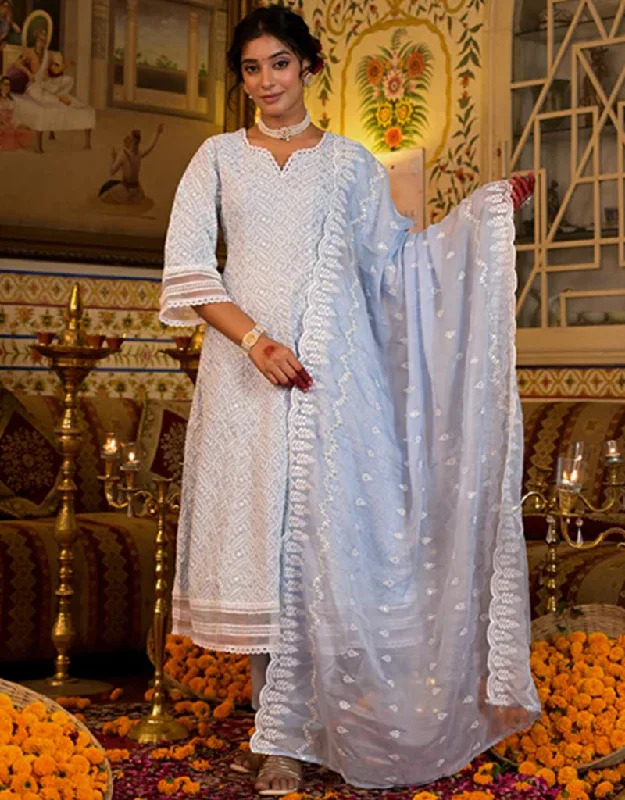 Anarkali Kurta Trouser With Dupatta Set Sky Blue Pure Cotton Pant Anarkali Trousers Velvet Soft