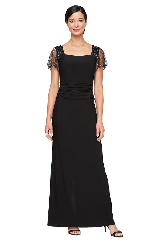 Long Matte Jersey Dress with Short Beaded Illusion Sleeves, Square Neckline and Ruched Waist Detail