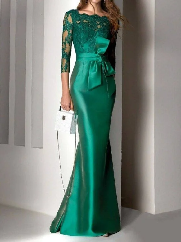 Mermaid / Trumpet Mother of the Bride Dress Elegant Square Neck Floor Length Lace Satin 3/4 Length Sleeve with Bow(s) Appliques
