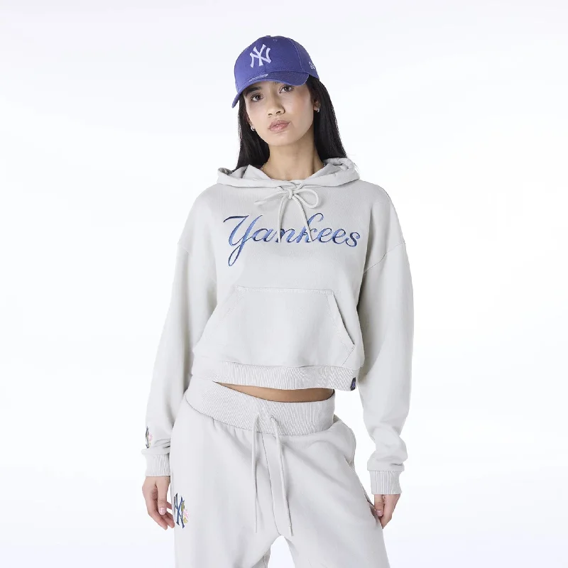 New York Yankees Womens MLB Graphic Cream Pullover Hoodie One Shoulder Top