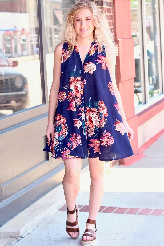 Navy Florals Sleeveless Swing Dress