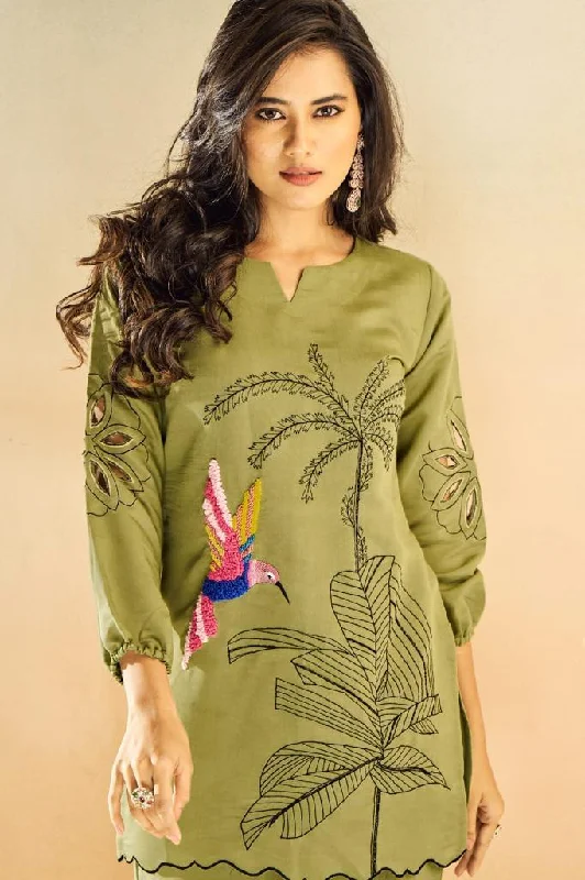 Green Embroidered Muslin Tunic & Trouser Co-Ord Set Trousers Leisure Comfortable