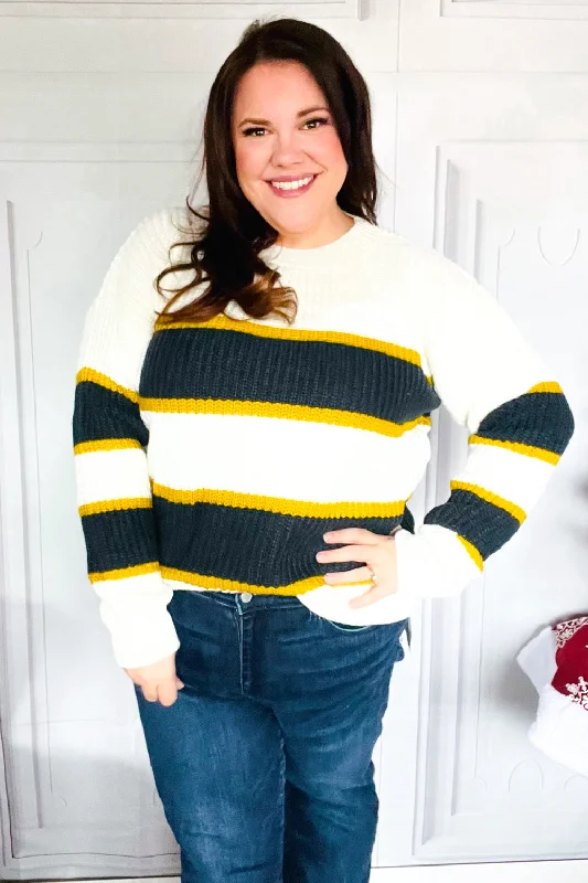 PLUS Casual Chic Yellow & Ivory Stripe Oversize Knit Sweater Casual Formal Business