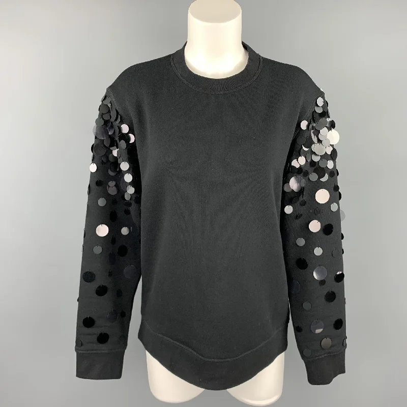 SPORTMAX Size M Black Cotton Blend Payette Sequin Sleeve Pullover Sweatshirt Peter Pan Collar