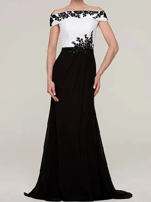 Sheath / Column Mother of the Bride Dress Elegant Off Shoulder Sweep / Brush Train Lace Satin Short Sleeve with Pleats Appliques Color Block