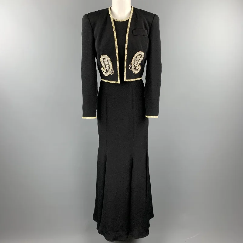 SAKS FIFTH AVENUE Size 6 Black Rhinestone Trim Gown & Cropped Jacket Ensemble Fleece Jacket Down Jacket Parka