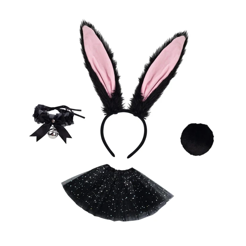 Bunny Ears Headband Tail Set for Halloween Fancy Dress Animal Themed Parties Black
