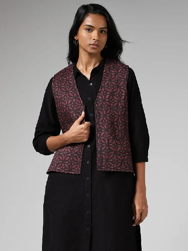 Utsa Charcoal Grey Printed Cotton Quilted Reversible Jacket Wool Jacket Cashmere Jacket Tweed Jacket