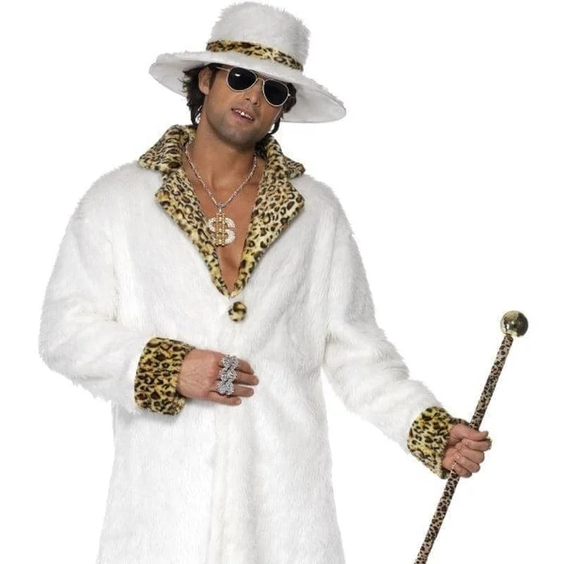 Pimp Costume Adult White Aand Leopard Skin Faux Fur Coat Hat Trousers Trousers Cargo pockets
