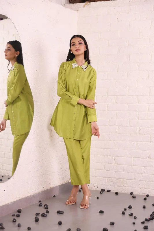 Pearl Embellished Parrot Green Tunic and Trouser Co-Ord Set Trousers Gym Athletic