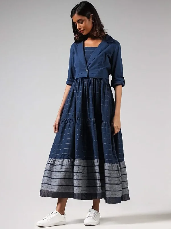 Bombay Paisley Blue Printed Cotton Blend Tiered Dress and Solid Jacket Set Knit Jacket Woven Jacket Fleece Jacket