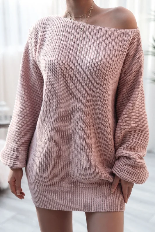 Boat Neck Long Sleeve Mini Sweater Dress Lace Blend Ribbed Blend Corduroy Blend