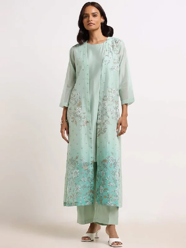 Vark Turquoise Floral Kurta, Pants with Jacket Set Tailored Jacket Straight Jacket A-Line Jacket