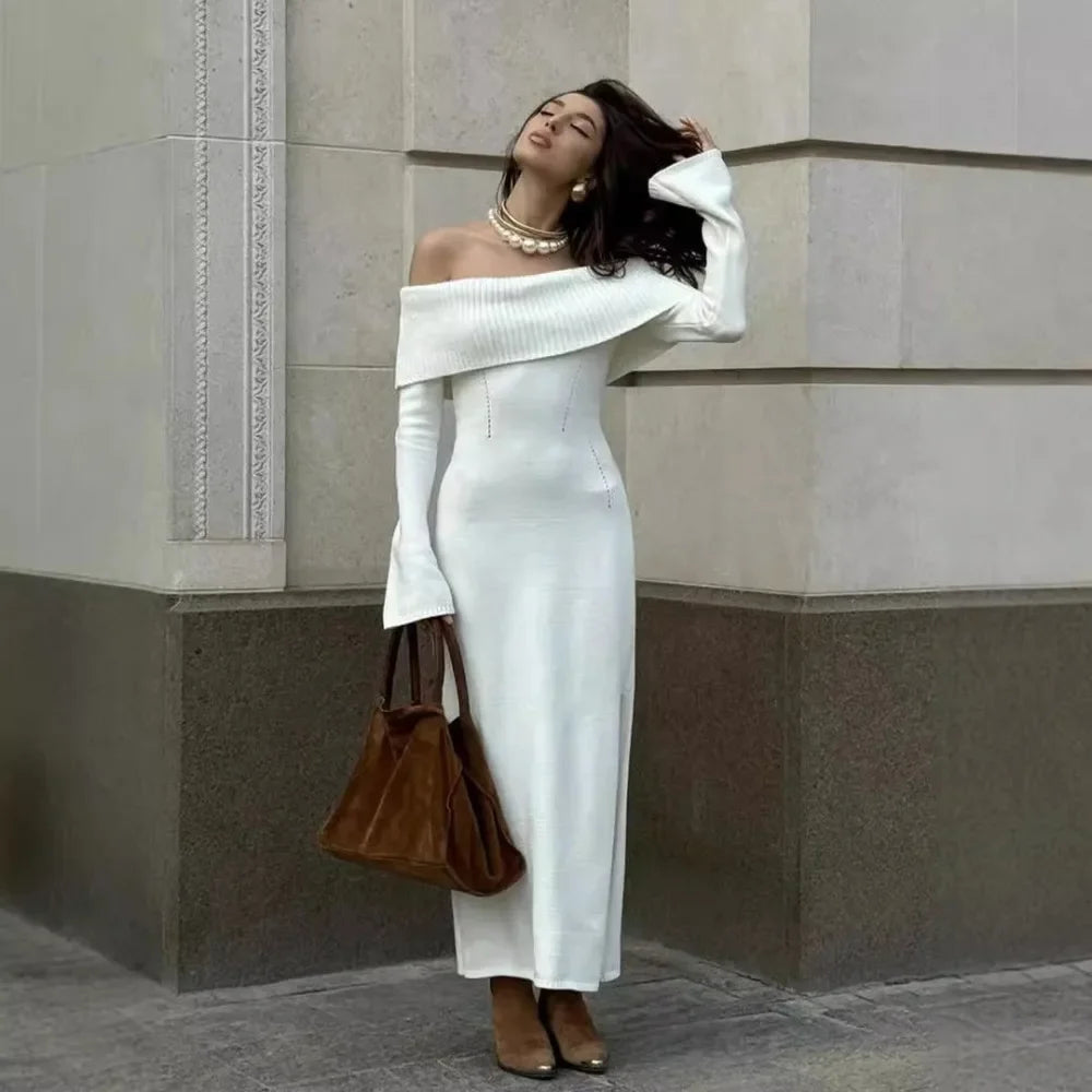 Bonnyshow Autumn Winter Knitted Maxi Dress Women Sexy Off The Shoulder Slim Sweater Dresses Elegant Long Sleeve Solid Basic Party Dress Fleece Sweater Nylon Polyester
