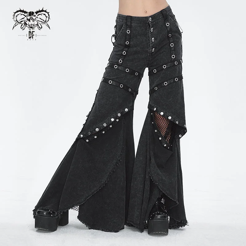PT238 Punk black gauze with stretchy gauss big rhombus mesh women flared trousers Trousers sophisticated sleek