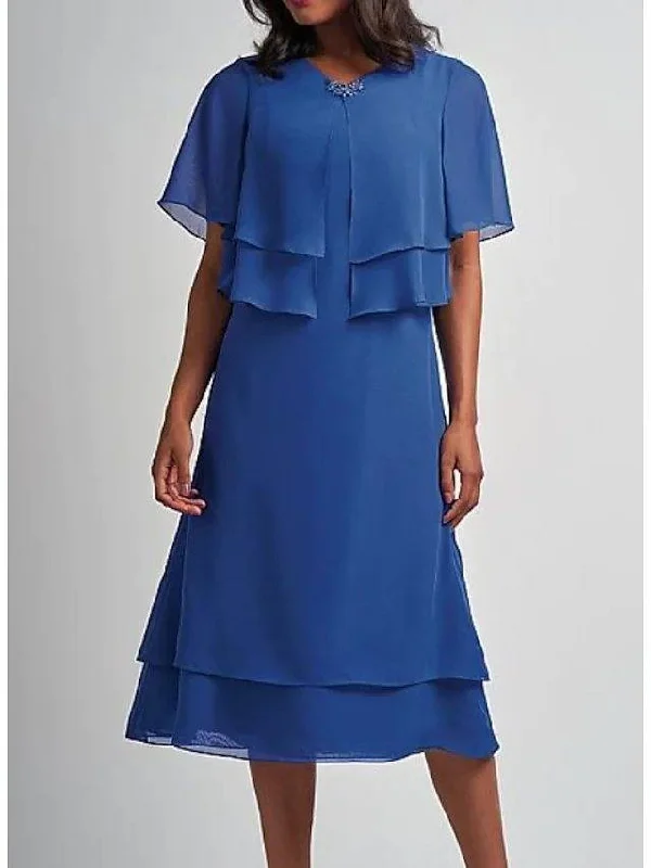 Sheath / Column Mother of the Bride Dress Elegant V Neck Tea Length Chiffon Satin Short Sleeve with Beading Cascading Ruffles