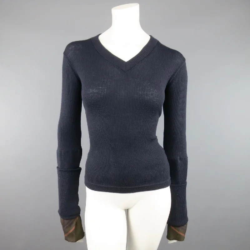 Y's by YOHJI YAMAMOTO Size M Navy Ribbed Wool Extended Plaid Sleeve Pullover Hooded Pullover Sweater