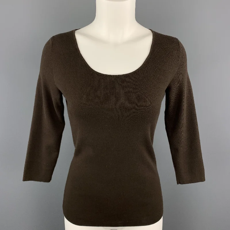 LORO PIANA Size 6 Brown Cotton / Elastane Scoop Neck 3/4 Sleeve Pullover High Neck Pullover