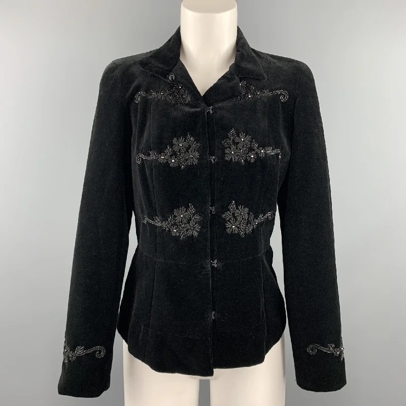 BLUMARINE Size 6 Black Embroidered Cotton Velvet Hook & Eye Jacket Belted Jacket Elasticated Jacket Padded Jacket