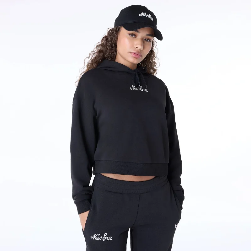 Womens New Era Script Black Pullover Hoodie Puff Sleeve Stylish
