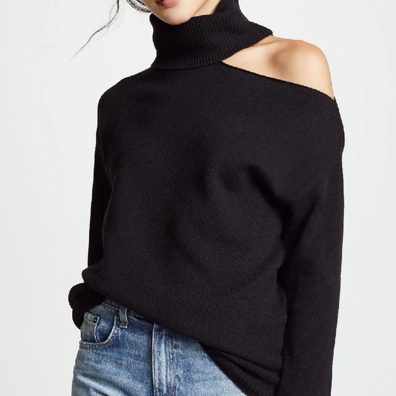 Elegant Off Shoulder Women's Sweater with Abstract Design Ribbed Striped Patterned