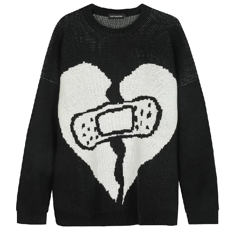 Broken Heart Bandage Sweater Boat Neck Shawl Collar Notched Collar