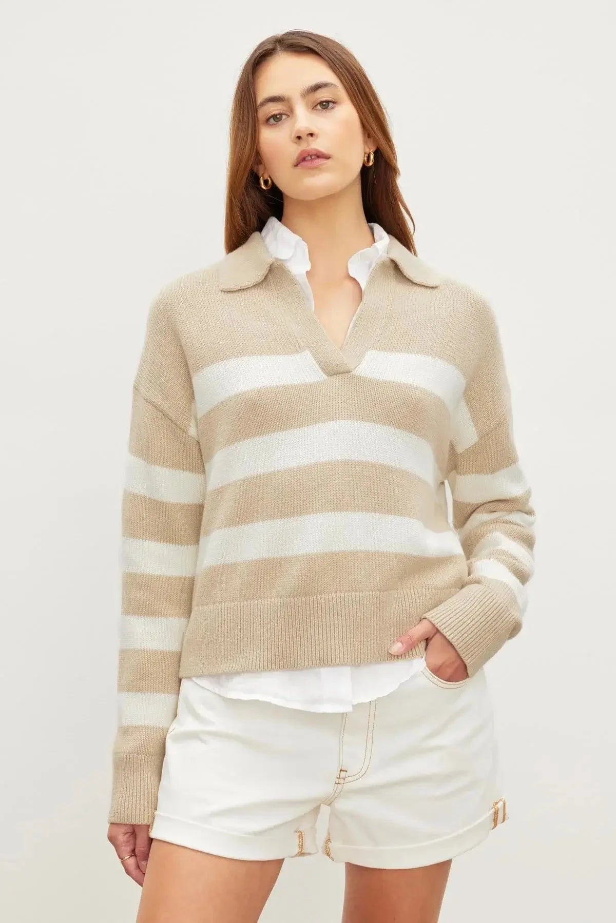 Lucie Polo Sweater in sable/milk Hooded Sweater Collared Sweater Shawl Collar