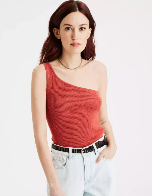 AE One Shoulder Sweater Tank Top Front Pockets Side Pockets Patch Pockets