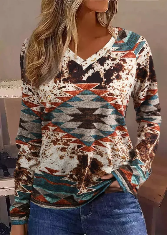 Spring and Autumn New Western European Denim Print Pullover V Neck Loose Sweater Womens Casual T Shirt Kimono Neck Pullover