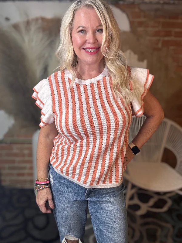 Striped Ruffle Sleeve Sweater Thin Thick Dense